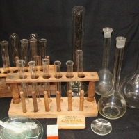Group lot of vintage lab glass  incl 2x wood test tube racks, etched glass beakers, petr - Sold for $61 - 2015