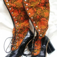 Pair of 1970's ladies knee length boots with orange tapestry leg and black patent shoe - marked Venice - Sold for $43 - 2015