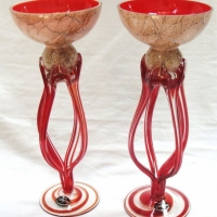 Pair of Red Krosno JOZEFINA Polish art glass candlesticks with openwork base - Sold for $61 - 2015
