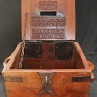 Vintage Iron bound Indian teak Church donation box with beautifully carved dedication from the Temple of the Tooth, Kandi, 1948 (Sri Lanka) to the Chu - Sold for $464 - 2015