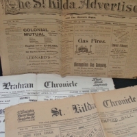 Group of newspapers incl The St Kilda Advertiser 1909, Prahran Chronicle 1914 - Sold for $37 - 2015