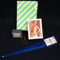 Group lot - Vintage Novelty RISQUE Pinup Girl items - Fab Keyring TV Peek Show, Pkts Playing Cards & Letter Opener w Dancing Hula Girl - Sold for $55 - 2015