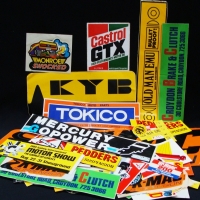 Group lot advertising MOTORING Stickers incl Castrol Grand Prix, Monroe Shocked, Castrol GTX, Tokico auto parts, etc - Sold for $24 - 2015