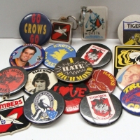 Group lot of vintage & modern footy badges incl Essendon, Hawks, Tigers etc - Sold for $30 - 2015