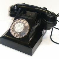 Vintage Black Bakelite TELEPHONE - original Chromed Rotary Dial & Letter Card to centre, Unusual Turn Knob on back, details to base - Sold for $67 - 2015