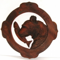 Vintage Canadian() Carved wooden Wall Plaque featuring a BEAR with FISH in Mouth - 30cm Diam - Sold for $24 - 2015