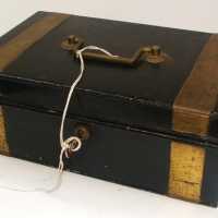 Vintage Lockable Black tin & Brass CASH BOX - Lift out Coin tray to interior, w Key - Sold for $30 - 2015