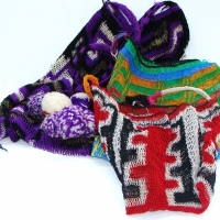 3 x colorful PNG Bilums incl large bag with purple & white pom poms to handle - Sold for $24 - 2015