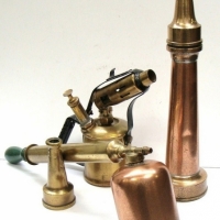 Group of brass and copper items - fire nozzles, Blow torch and  spray pump - Sold for $110 - 2015