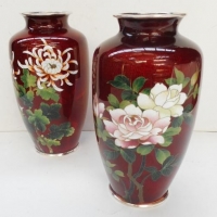 Pair Japanese Cloisonne Vases - dark red ground, floral decoration to front - 1 AF, 185 cm H each - Sold for $116 - 2016