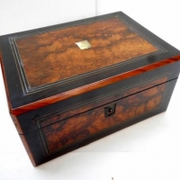 (a) Victorian Sewing box in bur walnut with inlaid Mother of pearl - fitted with compartments, embroidered silk panel to inside lid, exc Cond - Sold for $354 - 2016