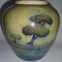 c1910 -15 William Moorcroft Macintyre designed Burslem Ware Tobacco Jar - dark green Hazeldene landscape pattern - 16cms H (screw top missing) - Sold for $793 - 2016