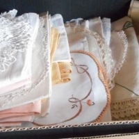 Box lot - vintage pretty napery incl, crotched, lace & embroided - tablecloths, napkins, runners, hand towels, jug covers, etc - Sold for $73 - 2016