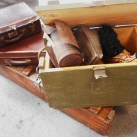 Group of crates and suitcases including Government explosives box and bee smoker,  etc - Sold for $49 - 2016