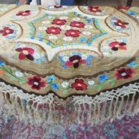 c1900 silk floral embroidered round table cloth - Sold for $55 - 2016