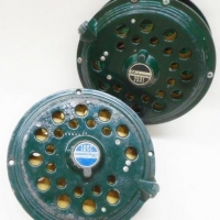 2 x vintage brass & green painted metal Shakespeare fly fishing reels - model 2531, Made in Japan - Sold for $37 - 2016