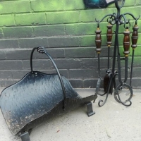 Group lot - Metal wood basket and wrought iron fire tool set - Sold for $43 - 2016