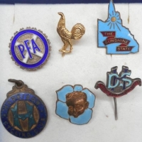 Group lot incl 5 x vintage enamel badges, The Sunshine State, Harrison Cycling Club, DHS, PFA, Courage stick pin etc - Sold for $43 - 2016