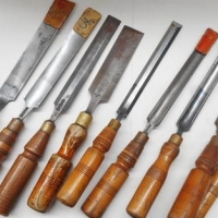 Group of 9 chisels by Marples Sheffield including gouges and champhered edge chisels with beech handles - Sold for $207 - 2016
