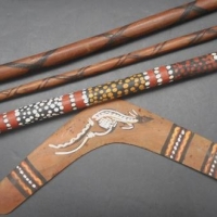 Group of Australian aboriginal items incl  painted boomerang and sticks including pokerwork and painted - Sold for $30 - 2016