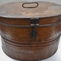 c1910 brown stippled metal hat box - clasp working, GC - Sold for $30 - 2016