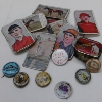 Group with WW1 badges, Standard cigarettes jockey cards & needle tin - Sold for $37 - 2016