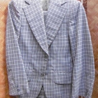 1970s Gent's 2 piece suit - styled by DEL MONTI - jacket and trousers - maroon and black cheque print on light beige - Sold for $30 - 2016