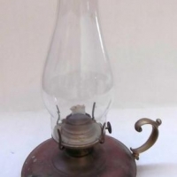 Vintage Woo Lee, brass and copper kerosene lamp with glass chimney - Sold for $55 - 2016