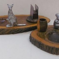2 x vintage Australian mulga wood ashtrays incl, one with figural silver toned Kangaroo & matchbox holder & other with silver toned Koala on a branch  - Sold for $27 - 2016
