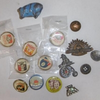Small lot - mostly assorted pins, buttons & brooches incl, football, military, Sunbeams, lead piggy, etc - Sold for $24 - 2016