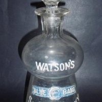 c1900 Watson's Blue Band Scotch Whisky advertising glass decanter - enamel text & thistle stopper - Sold for $183 - 2016