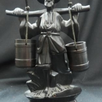 3 x Asian Carved wooden figures inc Ebony fisherman 34cm tall, Woman with parcel on head, 62cm, etc - Sold for $30 - 2016