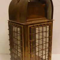 Brass kerosene lantern with grill & wooden handle - approx 37cm H - Sold for $104 - 2016