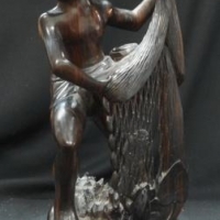 (b) 3 x Asian Carved wooden figures inc Ebony fisherman 34cm tall, Woman with parcel on head, 62cm, etc - Sold for $30 - 2016