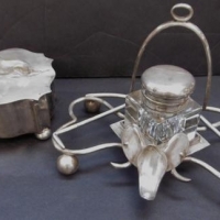 2 x c1900 silver plated items incl dog on trinket box and pen & ink well holder - Sold for $49 - 2016