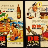 2 x vintage POS counter top card Beer Advertisements for New Zealand DB Waitemata with fab cartoon style images - approx 335 cm H  23cm L - Sold for $30 - 2016