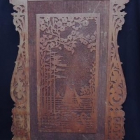Complex carved Kauri pine board with view of Swan and sailing ships 80cm tall - Sold for $73 - 2016