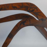 3 x vintage boomerangs with pokerwork decoration, some with details verso - Sold for $85 - 2016