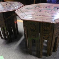 3 x items incl, pair of wooden fold out octagonal topped occasional lacquer tables with intricate imagery & French publication - folio of Manet's pain - Sold for $30 - 2016