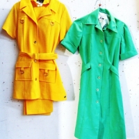 2 x retro women's clothes incl green Eastex button front dress & yellow Len Vogue 2 piece pants set - Sold for $25 - 2016