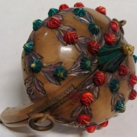 Ornate 1920's ladies dome shaped handbag clasp - tan coloured celluloid with coloured flower bud, foliage & closed parasol to the top - Sold for $37 - 2016