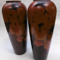 Pair of Australian Pair of Australian 1930s pokerwork vases with floral decoration - 23cm tall - Sold for $25 - 2016