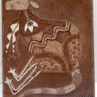 Framed picture - Aboriginal design, mixed media - Kangaroo, signed and dated 'JN 64' 52cm x 445cm - Sold for $93 - 2016