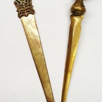 2 x vintage letter openers incl, Chinese brass opener with carved jade rabbine and character mark - Sold for $35 - 2016