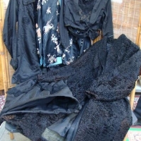 Group lot - Victorian clothing incl, black hoop petticoat, black Astrakhan coat, beaded coat, etc - Sold for $56 - 2016