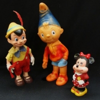 3 x vintage rubber dolls - Minie Mouse, Pinocchio, both with original stamp to base - plus Noddy - Sold for $50 - 2016
