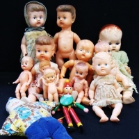 Box lot vintage dolls incl, Kewpie dolls, celluloid, hard plastic, soft plastic, sleep eyes, etc - Sold for $68 - 2016