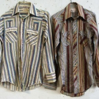 2 Vintage Wrangler Dee Cee polyester permanent press stripy shirt - Sold for $37 - 2016