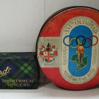 2 x vintage Melbourne tins incl Willow 1956 Olympics tin and Bairds Shortbread Fingers - Sold for $37 - 2016