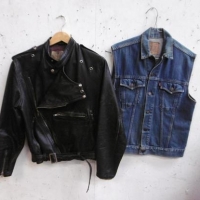 2 x vintage clothing items incl leather biker jacket and denim Levis vest - Sold for $43 - 2016